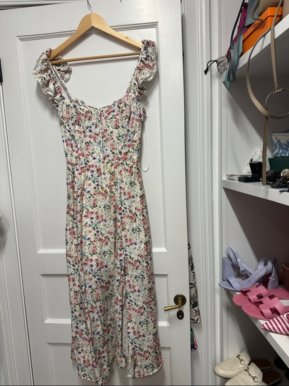 Astr Floral Midi Dress in Cream with Pink, Red & Blue Flowers